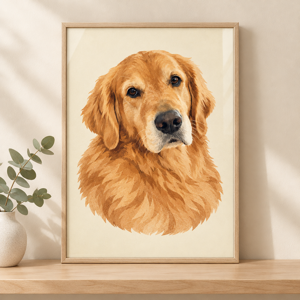 Retrato ilustrado de un golden retriever con marco de madera natural