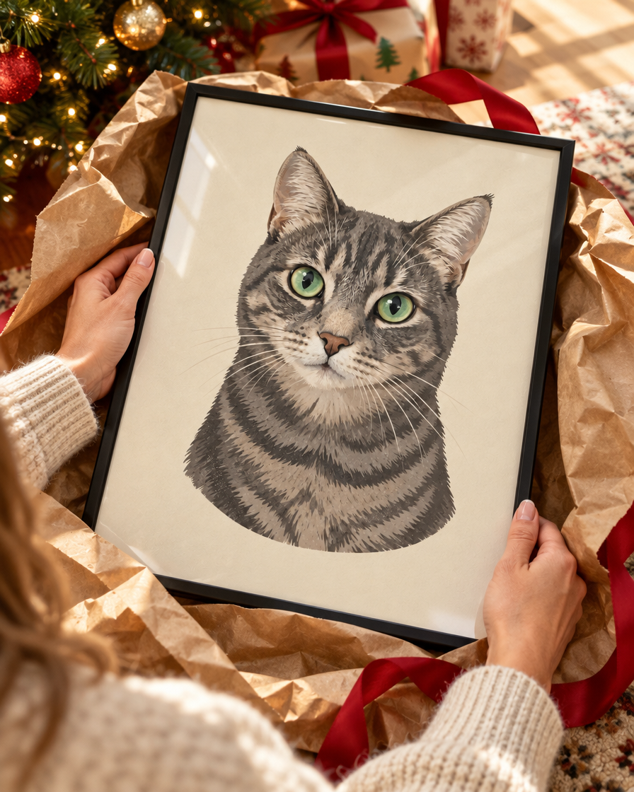 Abriendo un regalo de Navidad con el retrato de un gato en marco negro
