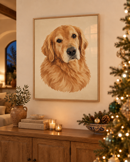Retrato de mascota enmarcado en un salón con árbol de Navidad